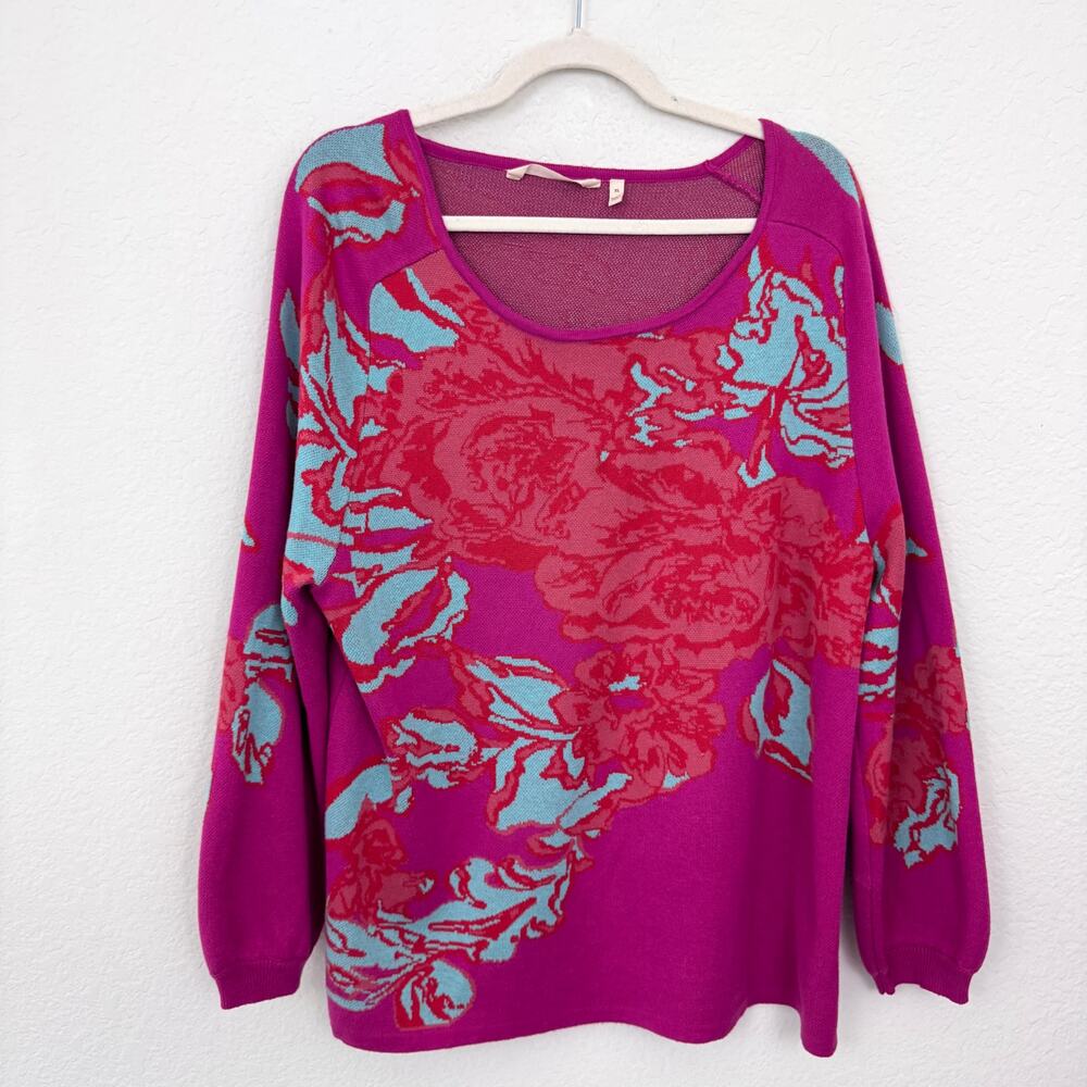 Soft Surroundings Womens Pullover Knit Sweater Size XL Cotton Blend Floral Pink
